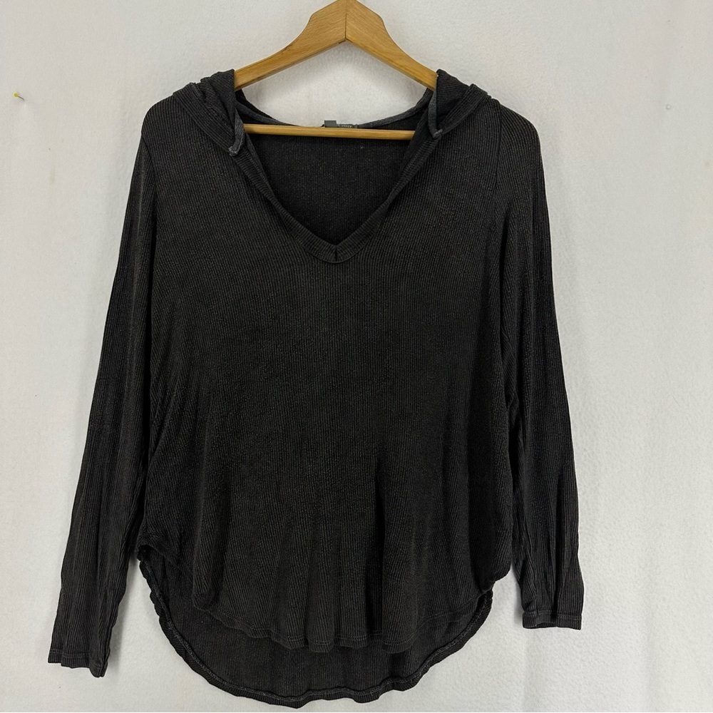 Don’t Ask Why Pullover Hooded Long Sleeve Ribbed V Neck‎ Sweater OS Grey